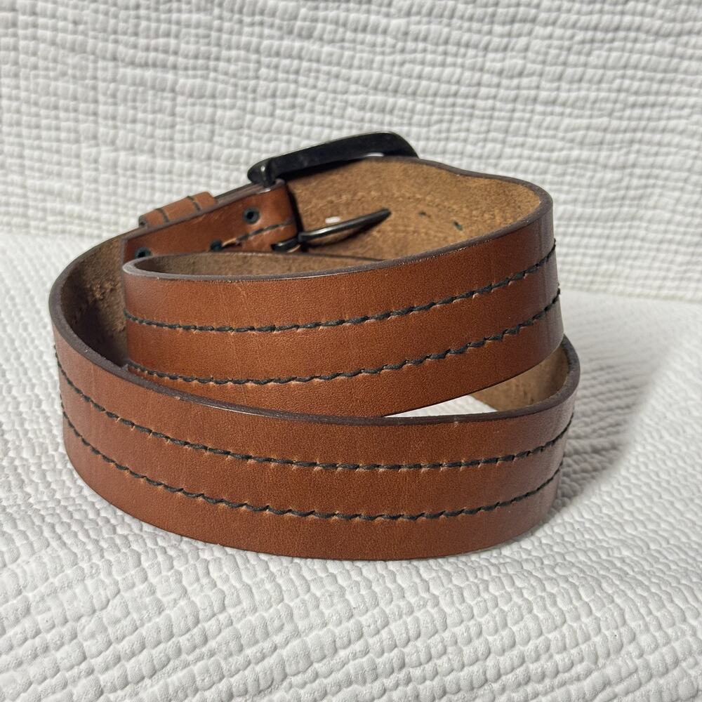 Vintage Brown Genuine Rugged Range Leather Wide Belt Contrast Stitching Thick - Picture 3 of 13
